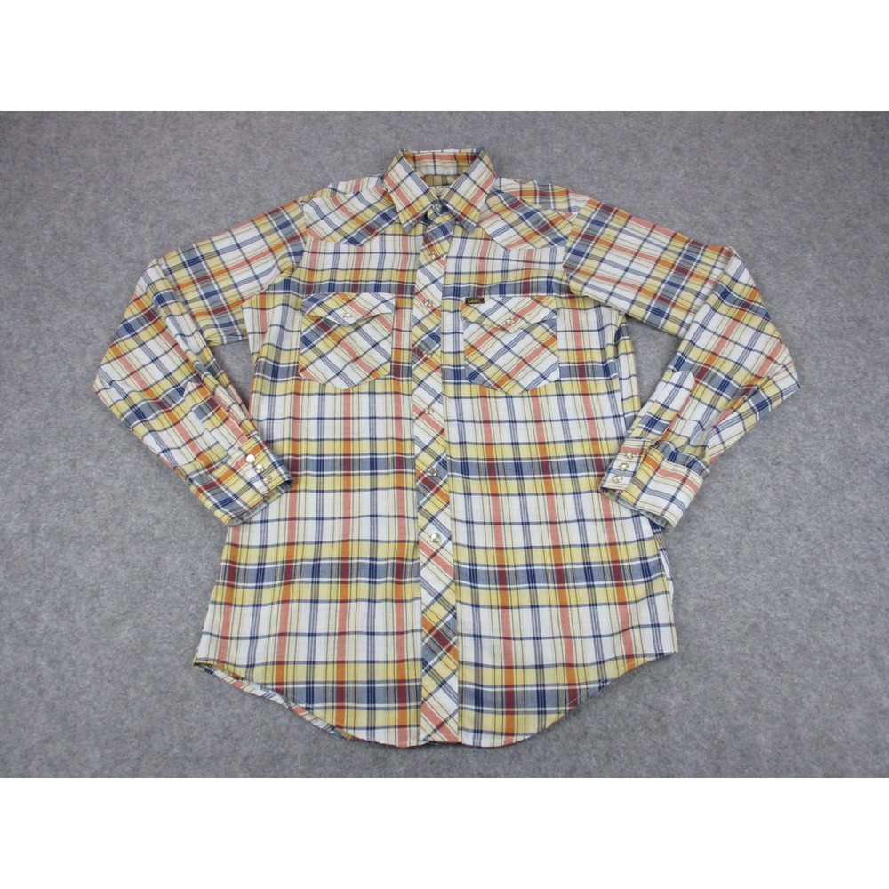 VTG Lee Shirt Mens 15 1/2 Medium White Yellow Plaid Pearl Snap Long Tails USA